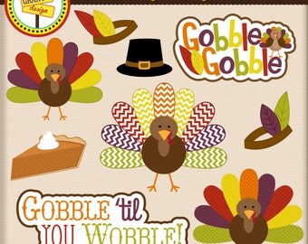Thanksgiving Clipart - Turkey Clip Art - Cute Digital Clipart - Thanksgiving Word Art - Card Design, Scrapbooking, Web Design