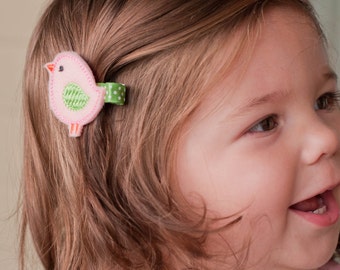 Felt hair clip- Pink and Green Bird pinch hair clip - felt birdie barrette - hair bow - felt toddler clip - baby snap clip