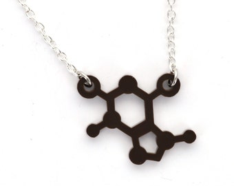 THEOBROMINE Chocolate BioChemistry Molecule Laser Cut Acrylic Necklace, Brown Charm Connector Pendant, Silver Plated Cable Chain, lca0118