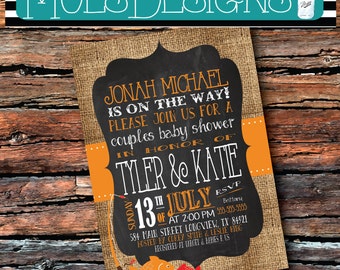 Any Color Couples BABY SHOWER FISHING Fish Fishing Pole Chalkboard Burlap Orange Red Little Fisherman Man Boy Sip See Birthday Invitation