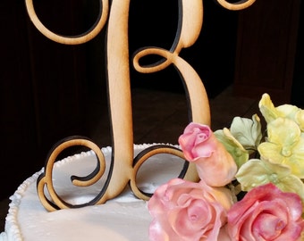 Wooden Initial Cake Topper - Unpainted Vine Script Initial Cake Topper - Wedding Cake Topper