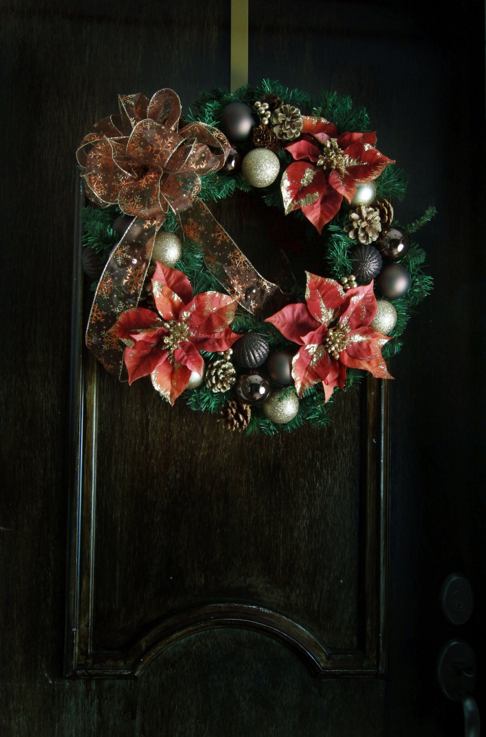 Beautiful 22" Rust, Brown and Gold Poinsettia Artificial Pine Christmas Wreath