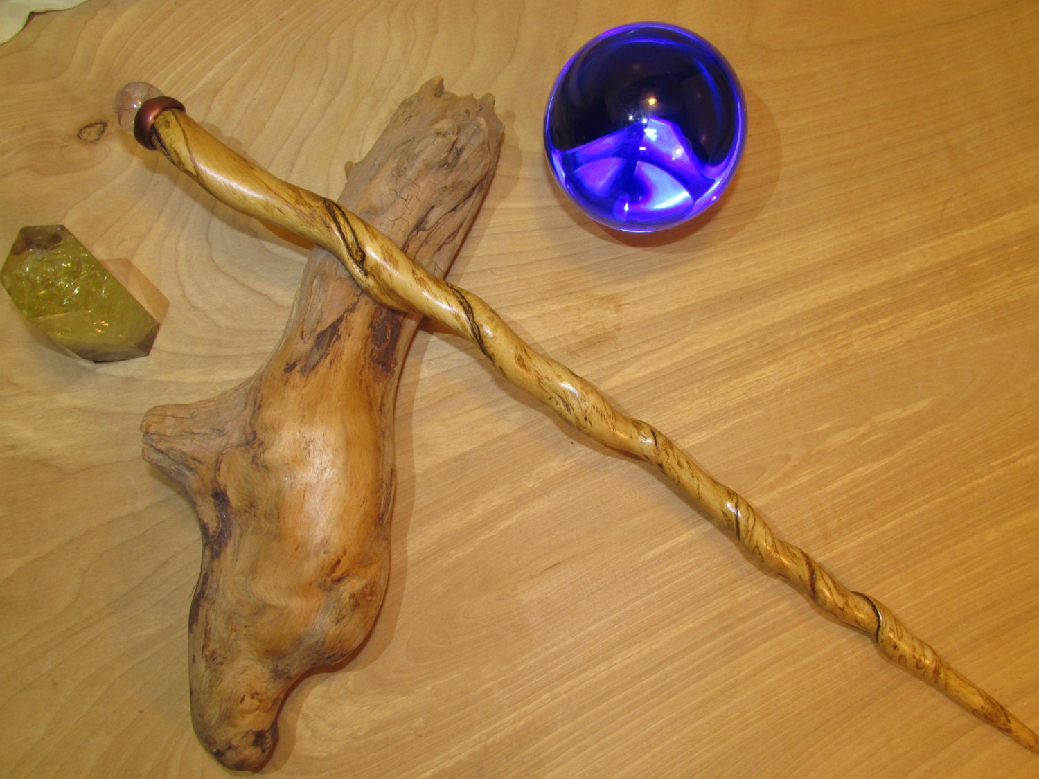 Natural Vine Twisted Maple Wood Wand w/ a Copper Rutilated