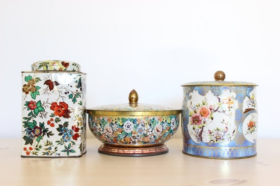 Vintage Set of Biscuit Tins - Rose Flower Floral - England