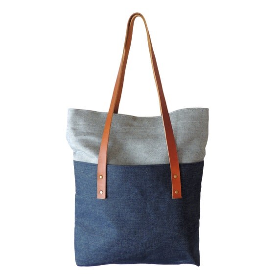 25% OFF SALE Large Denim Tote, Cotton and Leather Tote, Eco Friendly ...