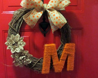 Fall wreath-Front Door Wreath, Monogrammed Wreath - Orange Twine ...