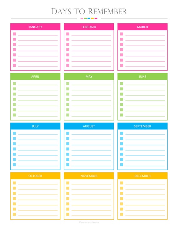 Days to remember PDF Planner days to remember special dates