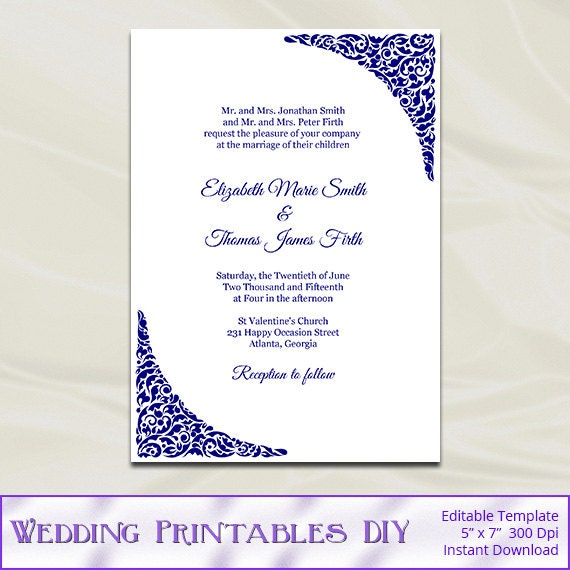 Navy Blue Wedding Invitation Template Diy by WeddingPrintablesDiy