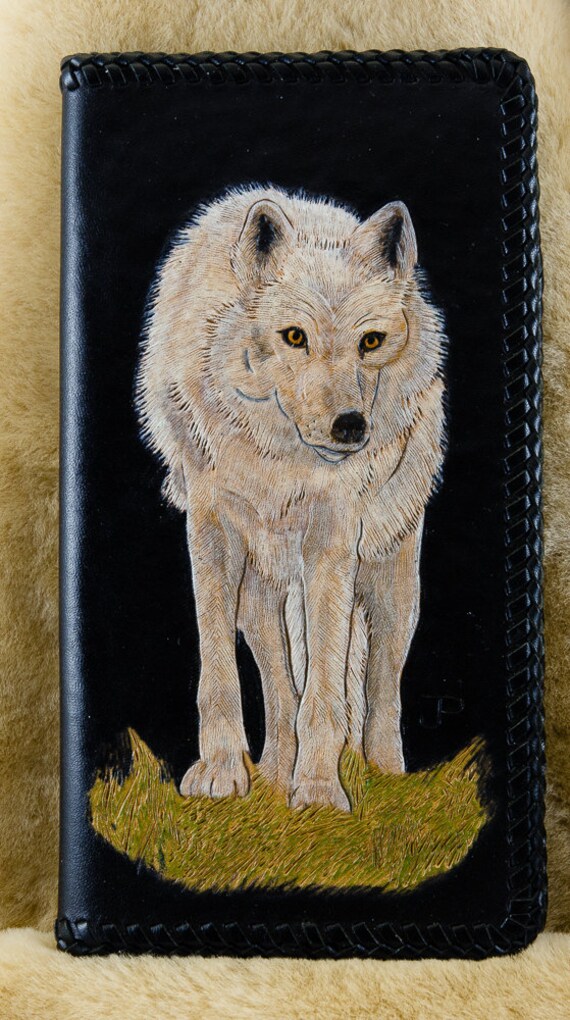 Checkbook Wallet Leather Handtooled Wolf carving