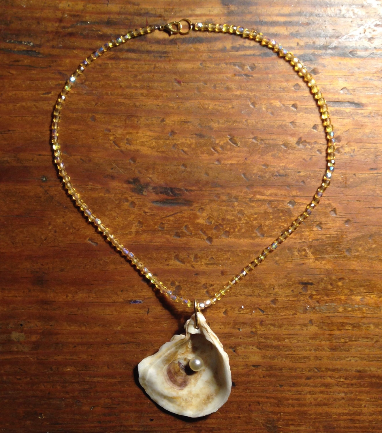 Oyster Shell Necklace with Faux Pearl and Iridescent Gold