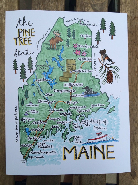 Maine Map Illustration Print by cynthiataylorstudio on Etsy