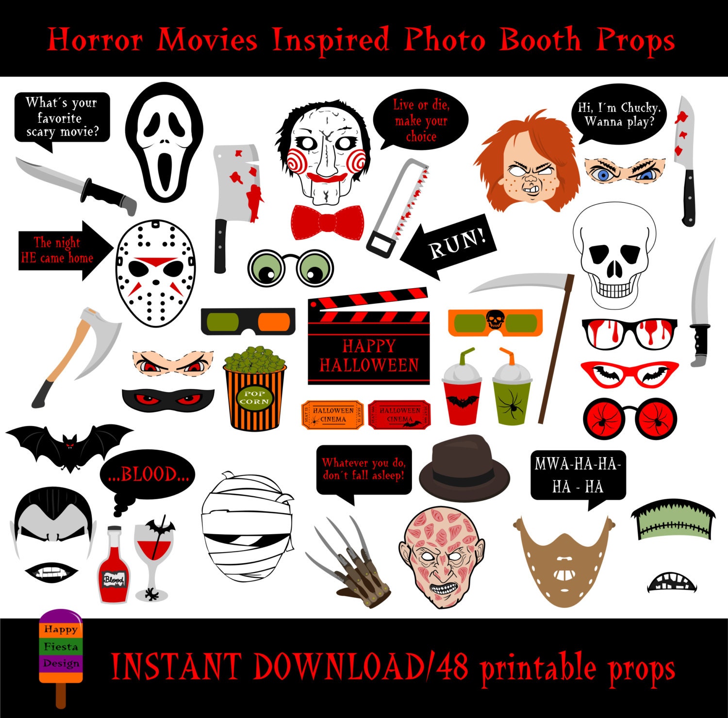 Horror Movies Photo Booth Props48 by HappyFiestaDesign on Etsy