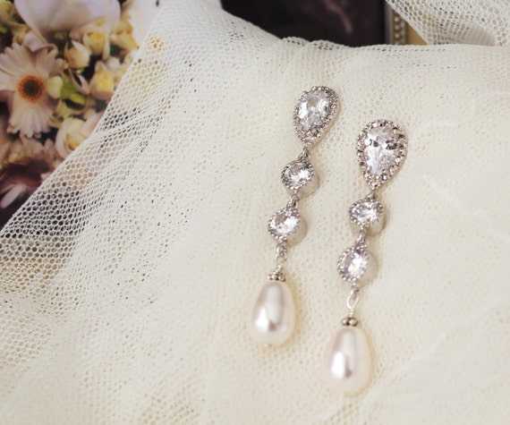 Pearl Bridal Earrings Pearl Wedding Jewelry Long Bridal
