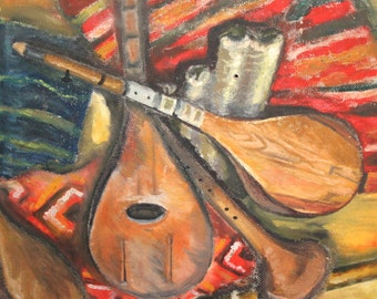 Vintage oil painting still life with musical instruments