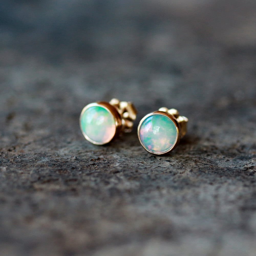 Opal Studs 14k Gold Opal Earrings Genuine Opal Gemstone