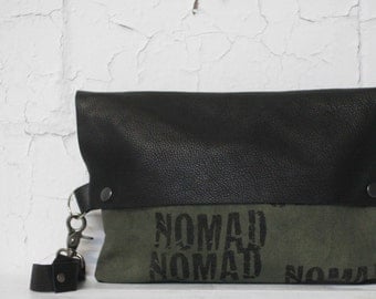 073 Wristlet Clutch Bag , Black Leather, Canvas Pouch , Purse , Made in Brooklyn