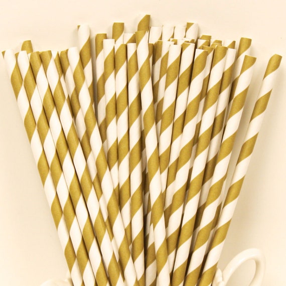 Paper Straws, 25 Gold Striped Paper Drinking Straws, Formals, Engagement Party, Wedding, Religious, Holiday, Golden Anniversary, Graduation Il_570xn