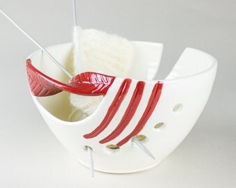 Pre-Order, White Pottery Yarn Bowl, Ceramic Knitting Bowl Red Leaf Fresh White Personalized Twisted Leaves gift Handmade - MADE TO ORDER