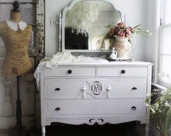 M O N O G R A M M E D Antique Dresser Beach Cottage Decor Shabby Chic Hand Painted Furniture