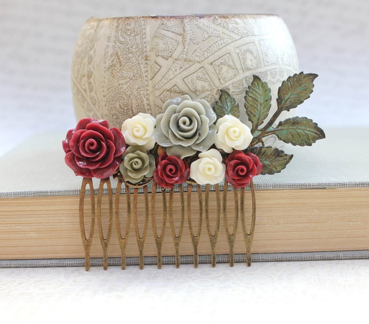 Deep Red Rose Bridal Hair Comb Dark Wine by apocketofposies