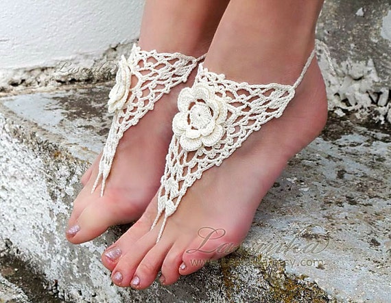 Beach Wedding Crochet Barefoot Sandals Cream Nude Shoes