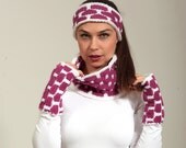 Knitted Set of Neckwarmer, Fingerless Gloves and a Headband orchid on white geometric winter ski women teen  gift women knit accessories