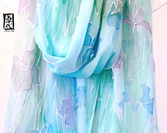 Hand Painted Silk Shawl, Blue Green Large Silk Scarf, Blue Silk Chiffon Scarf, Ethereal Iris Kimono Scarf, 22x90 inches, Made to order