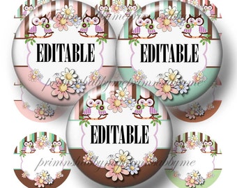 Owls and Daisies, Editable Bottle Cap Images, Digital Collage Sheet (No.2) Add Your own Words Or Names 1" Inch Circles PNG and JPG