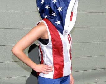 American Flag Clothing Windbreaker- embroidered American flag hoodie - womens clothing - oversized sleeveless jacket - upcycled clothing