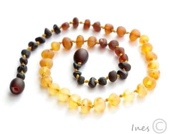 Raw Unpolished Baltic Amber Baby Teething Necklace Rounded Rainbow Color Beads