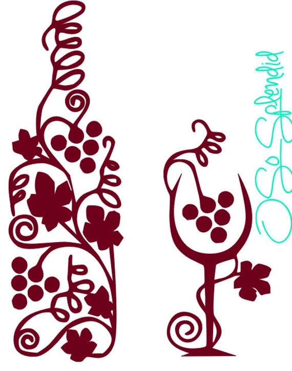 Download Items similar to Decorative Wine Glass and Bottle - Grape ...