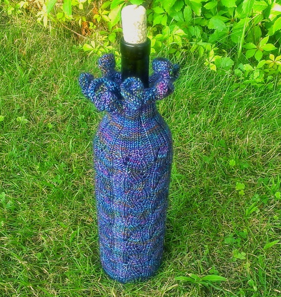 Wine Bottle Cozy Hand Knit Blue Wool Gift Bag