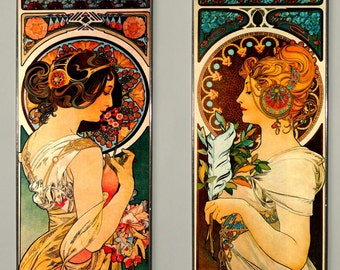 SALE! - 2x Alphonse Mucha - Primrose and Feather (Price for both), At Nouveau, Stained glass
