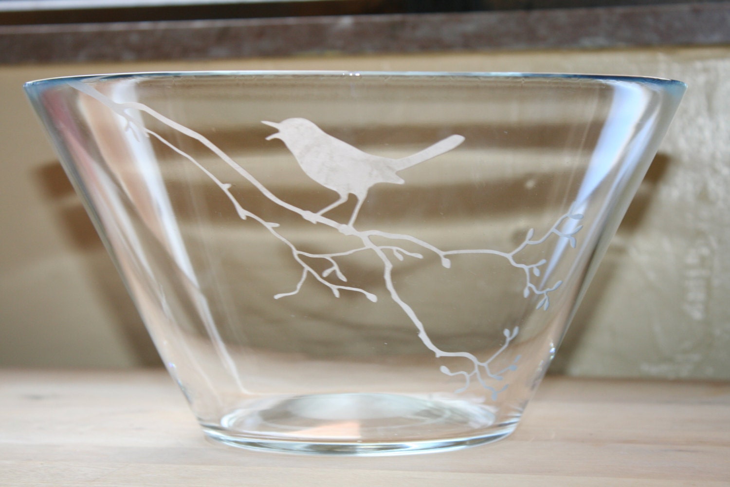 Etched glass salad/serving serving bowl. Bird on a branch