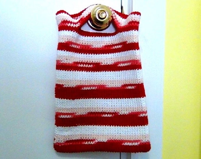 Crocheted Tote Bag - Cotton Tote - Red, Blush, White Stripe - Reusable 10" x 15" Gift Bag - Valentine - Christmas