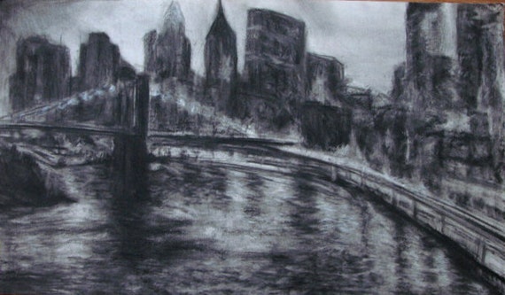 Items similar to Original Charcoal Drawing, Landscape Moody, New York drawing, Charcoal ...