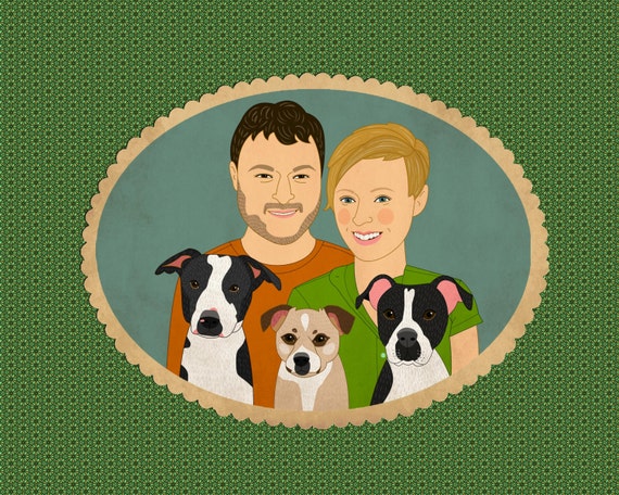 Couples portrait with more than 2 pets. Custom family portrait