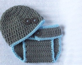 Grey Blue Diaper Cover Set, Newborn Photography Prop, Button Accents, Handmade Crochet Yarn, Baby Boy, New Baby, Cute Photo Prop, Gray