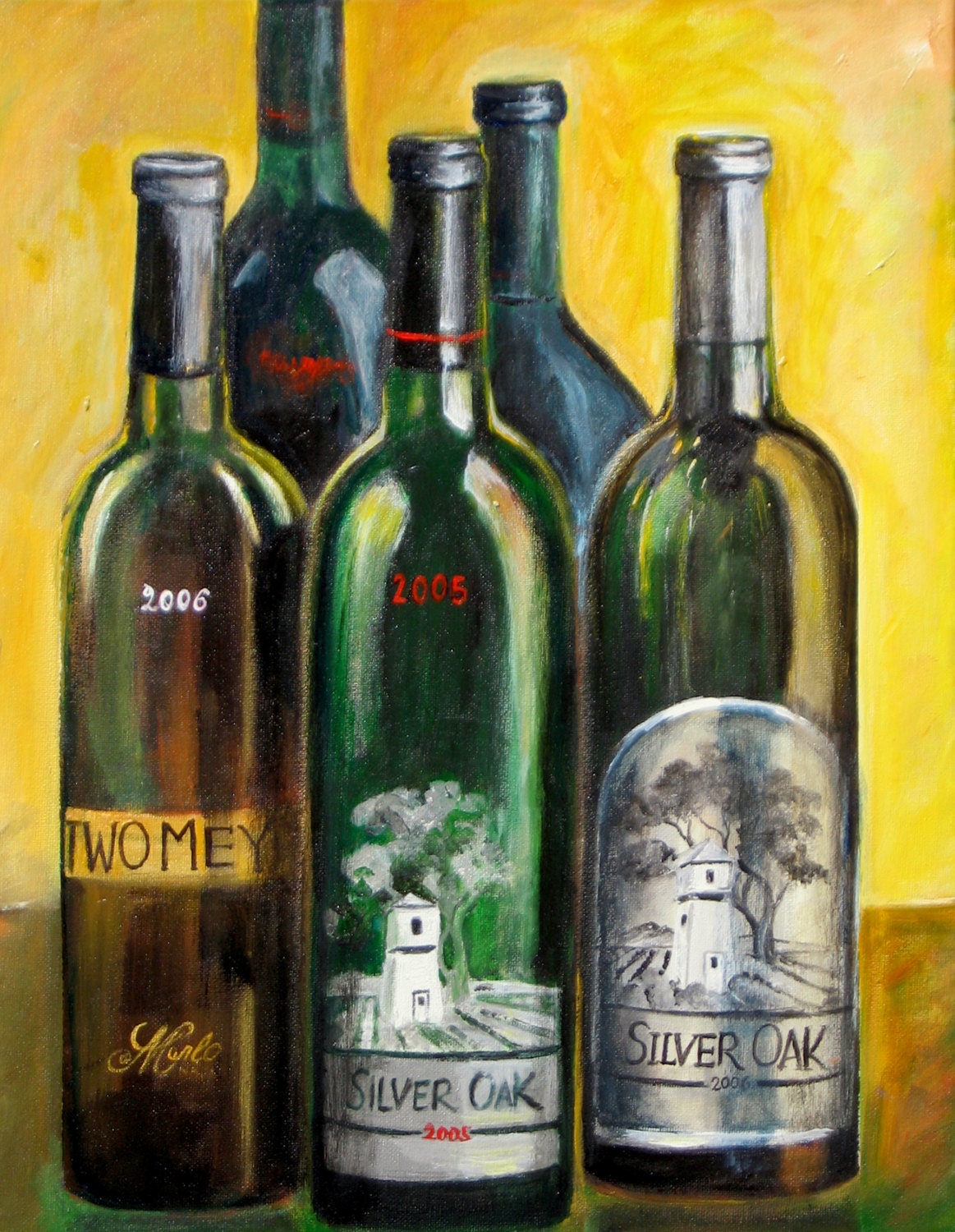 Wine bottle painting Wine wall art print Silver Oak wine