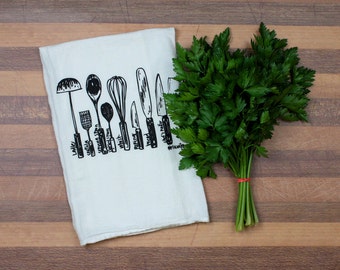 Utensils diagram tea towel - white cotton floursack kitchen towel