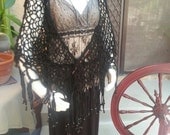 Witch Lace Shawl - Black Alpaca Handspun Handknit Triangular Shawl with Sari Silk Fringe and Mercury Black Beads