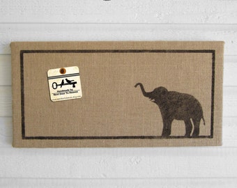 Miss Baba the Elephant - 12 x 24 Burlap over Cork Message Board, Pin Board, Memo Board, Bulletin Board - Elephant wall decor