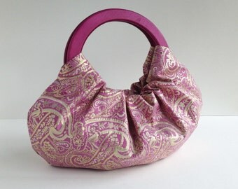 Golden Fuchsia Paisley Hobo Purse - Handmade Handbag with Magenta Pink Wood Handles