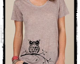 Owl on a Branch boho slouchy t shirt Alternative Apparel KIMBER tee tshirt vintage style screenprint ladies scoop top