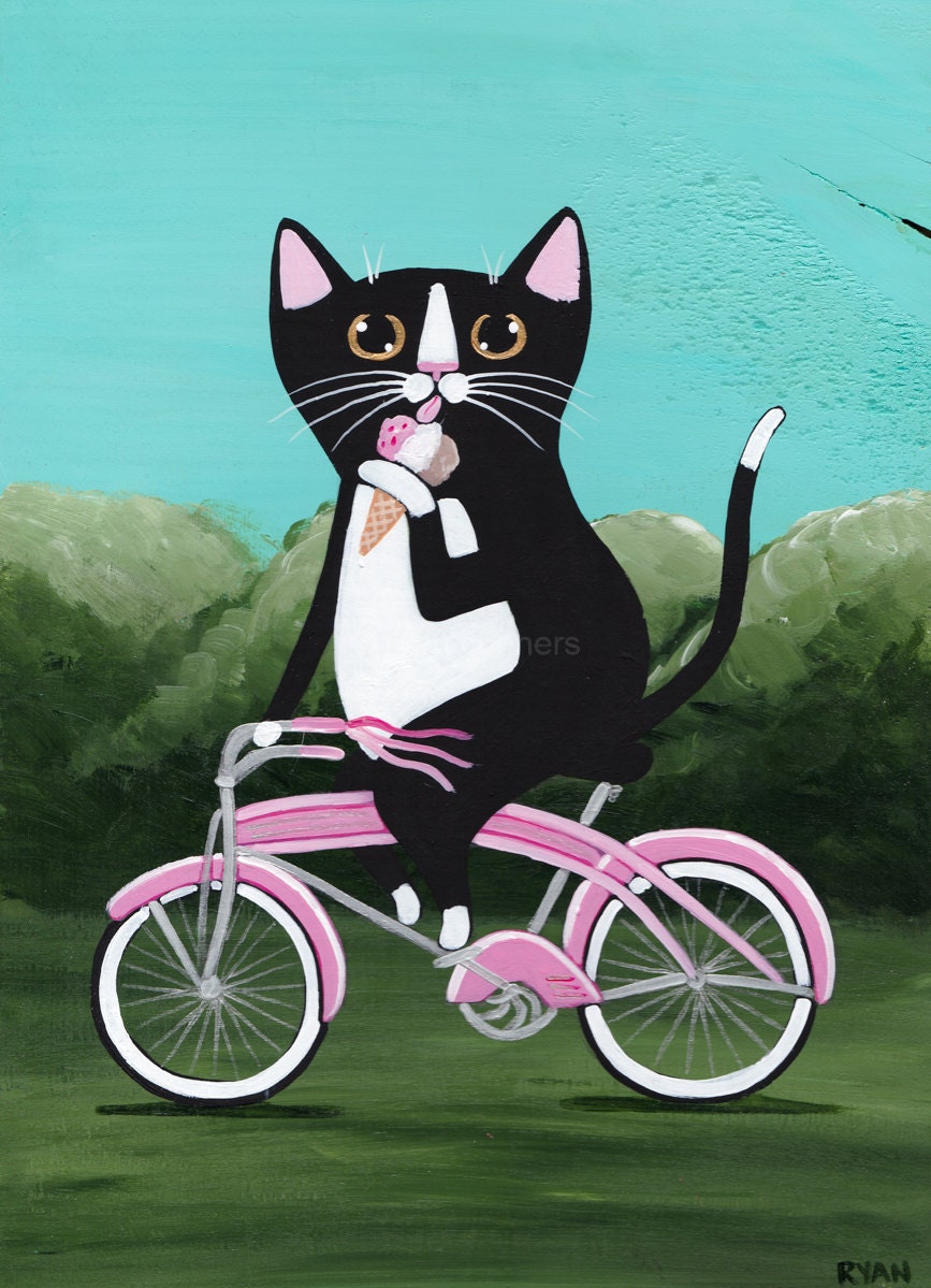  Fat  Cat  With Ice  Cream  on a Bicycle Original Folk Art Painting