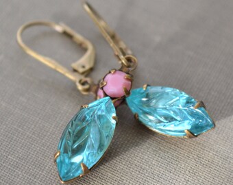 Pink and Aquamarine Estate Earrings, Lever Back, Vintage Leaf Glass Rhinestone, Antiqued Brass Earrings, Bridesmaids