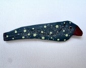 Carved Driftwood Bird Pin Blue Polka Dot Brooch