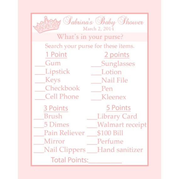 24 Baby Shower Game Cards Whats In Your Purse Game Princess