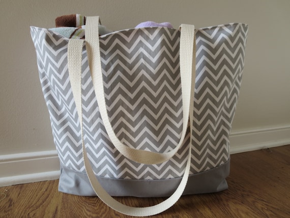 Large Beach Bag - Gray Chevron Beach Tote With Solid Bottom - Water ...