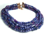 Multistrand gemstone necklace, statement necklace, stone necklace, jade necklace,blue beaded gemstone necklace,  big bold chunky jewelry